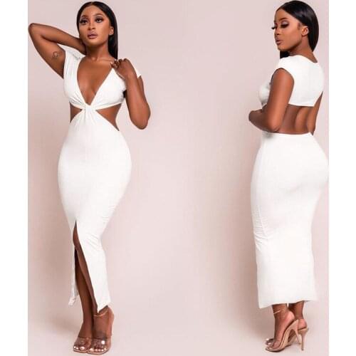2021 Summer New Fashion Slim Women Sexy Sheath Dress, Adults Solid Color V-neck Short Sleeve Slit Cutout,S/M/L