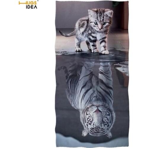 HUGSIDEA Cute Cat Reflection Tiger Print Beach Towel White Animal Quick Dry Bath Towel Super Soft Polyester Shower Towels