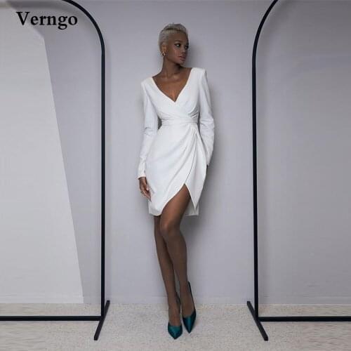 Verngo Simple Short Wedding Dress Long Sleeves V Neck Bridal Dresses Plus Size Above Knee Fashion 2021 Formal Party Gowns