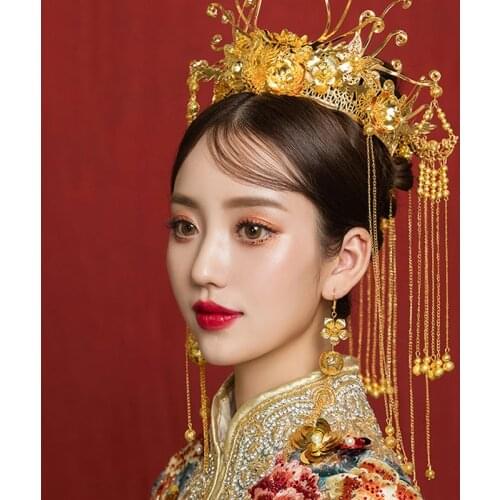 Luxury Wedding Bride Traditional Chinese Hair Accessories Bridal Headdress Gold Tiara Round Crown Hair Jewelry Ornaments Women