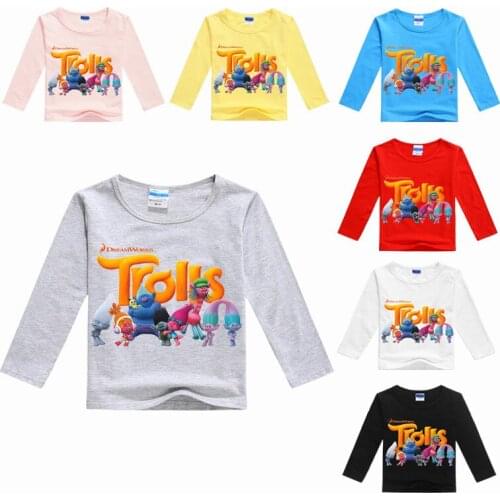 Spring and autumn models 3-8 years old childrens long-sleeved T-shirt cartoon character trolls round neck childrens casual top