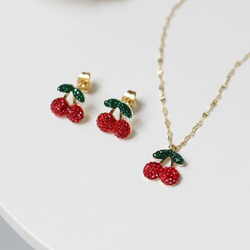 YUN RUO Vintage 18 k Gold Lovely Cherry Pendant Necklace Earring Set Fashion Titanium Stainless Steel Jewelry Woman Accessory