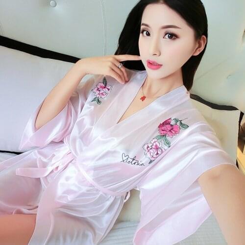 Womens Sexy Silk Nightgowns Ladies Large Size loose embroidery Short-sleeved Robe 2019 Summer Ice Silk Thin Home Wear Bathrobe