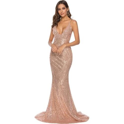 Female Sexy Dresses Sequin Deep V-Neck Sling Backless Mermaid Dress Hollow Out Floor Length Maxi Sequin Backless Party Dress