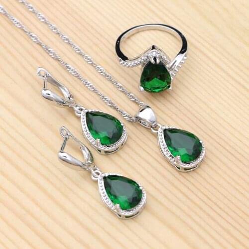 Silver 925 Jewelry Natural Green Cubic Zirconia Bridal Jewelry Sets Earrings Pendant Necklace Ring For Women