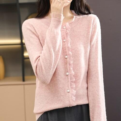 2021 new pearl button round neck wool cardigan lace edge sweater women