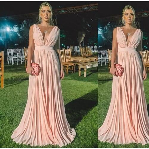 Elegant Simple Cheap Deep V Neck Long Pale Pink A Line Women Wedding Guest Dress Evening Dresses