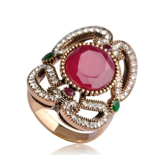 Blucome Vintage Turkish Square Hollow Out Flower Wide Rings Resin Crystal Women Wedding Party Finger Ring Accessories Jewelry
