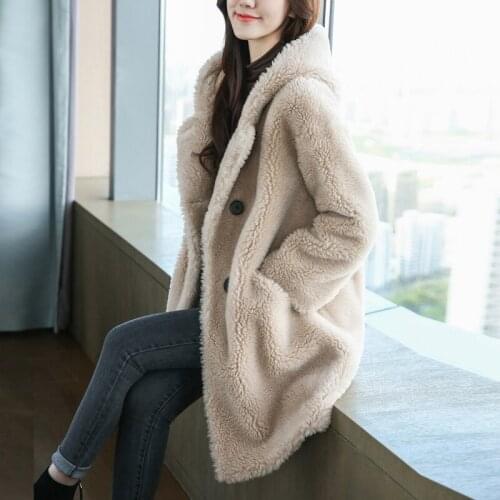 Fashion Sheep Shearing Coat Women Autumn Winter 2021 New Granule lambswool Mid-Length Hooded Fur Jacket Female Overcoat H1705