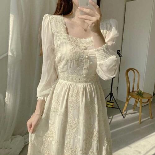 Korean Version Elegant High Waist Women Dresses 2021 Spring Autumn Vintage Female Long Dress Square Collar Pearl Buckle Vestidos
