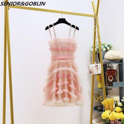 2020 Summer Clothes Womens Mesh Puffy Beads Sweet Dress Spaghetti Strap Pink Lace Sequined Seaside Resort Ball Gown Cake Dress