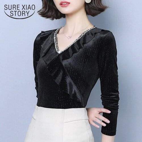 2021 Spring Fashion New Solid Slim Long Sleeve Backing Shirt V-Collar Women Blouses and Tops Ladies Shirt Ruffles Sexy 8140 50