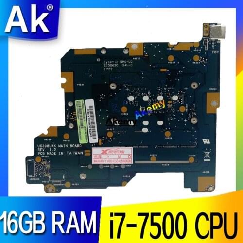 Akemy For Asus ZenBook 3 UX390 UX390U UX390UA UX390UAK UX390UAK Laptop Motherboard i7-7500 CPU 16GB RAM 100% Tested Mainboard