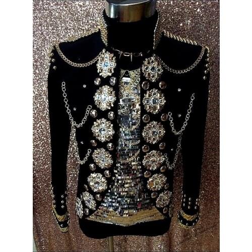 Male Fashion Black crystal Royal costume suit nightclub singer dance blazer mens classic performance outerwear