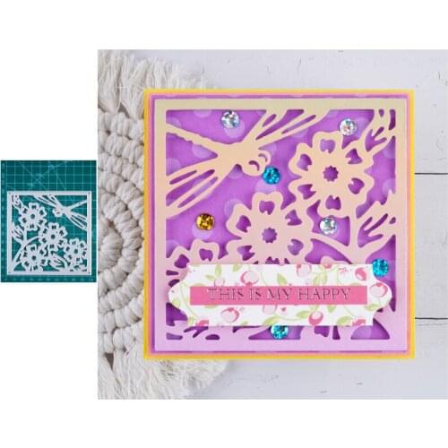 Flower Dragonfly Background Square Frame Metal Cutting Dies Stencils For DIY Scrapbooking Paper Cards Photo Decorative Embossing