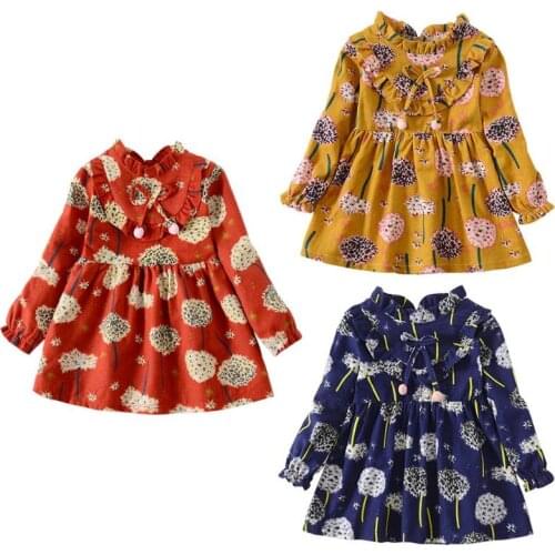Children Comfort Soft Popular Button Dress Long Sleeve Autumn Kid Girl Korean Lovely Dandelion Print Cotton Dresses