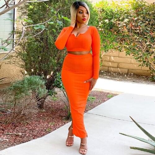 Sexy Two Piece Club Birthday Outfits Fall Women Clothes Long Sleeve Crop Tops and Slim Split Maxi Skirts Streetwear Dress Sets