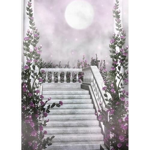 Stairs Purple Flowers Full Moon Photo Background Custom Photography Backdrop for Baby Children Halloween Party Photobooth Props