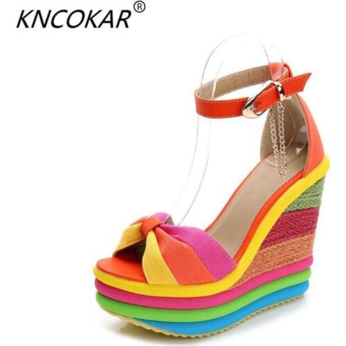Summer sweet candy color metal thick high-heeled platform spell color sponge at the end of the rainbow female sandals fashion