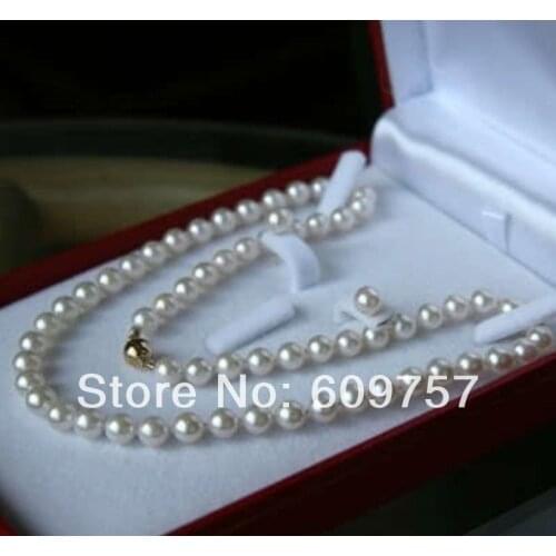 Natural jewelry AAA 8-9MM White Akoya Cultured Pearl Necklace Earring Set GP hook Free deliver -jewelry