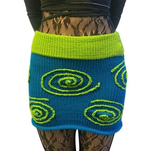 New Womens Trendy Bodycon Mini Skirts High Waist Spiral Pattern Color Block Knit Short Skirts Elegant Chic Comfortable S M L