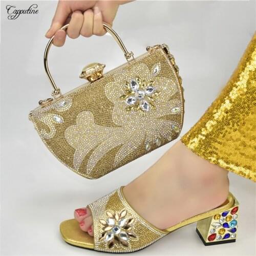 New Gold Women High Heels Shoes With Purse Bag Set African Ladies Sandals And Handbag Pumps Slippers Sac 938-9 Height 6.5CM