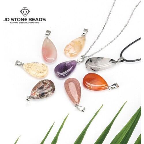 Natural Stone Drop Shaped Agates Black Rutilated Quartz Pendant Gemstone Charms For Cute Jewelry Making DIY Necklace