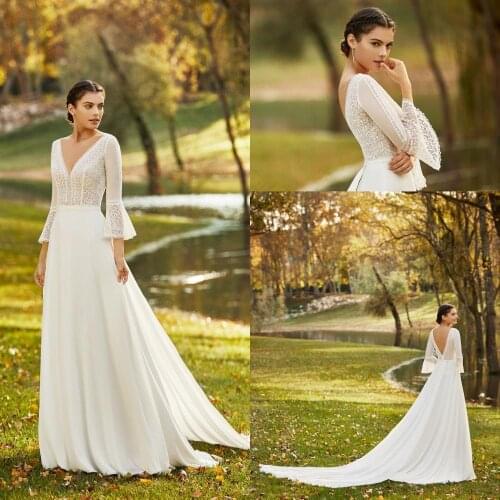 2020 Garden Wedding Dresses Deep V Neck A Line Lace Appliques Country Wedding Dress Boho Custom Made Backless Robe De Mariee