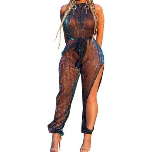 Sexy Mesh Multicolor Rhinestones Mesh Jumpsuit Long Sleeve Stretch Leggings Singer Costume Womens Dance Birthday costumes