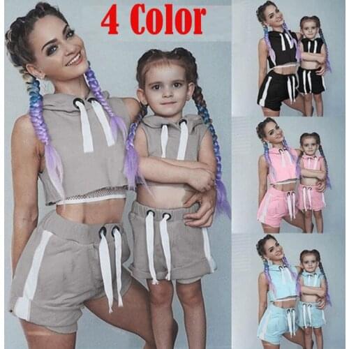 Family Clothes Womens Mum Kids Girls Gym Running Sport Shorts Yoga Fitness Hooded Crop Tops Shorts 2 Pieces Tracksuit Set