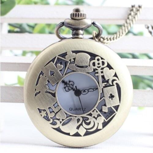 Alice in Wonderland Quartz Pocket Watch Chains Necklace Pendant Key Rabbit Vintage Watches Steampunk Gifts reloj de bolsillo