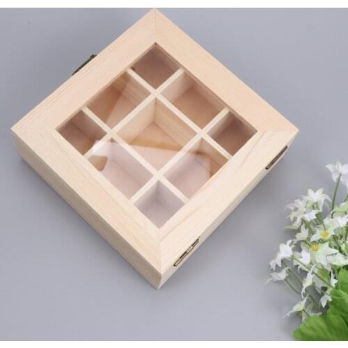 Coffee Storage Box Organizer Wooden Tea Box with 9-Compartment and Glass Window Tea Coffee Display Case Tea Bag Chest Letters