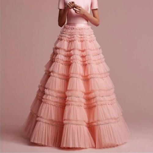 Fashion Tiered Beaded Tulle Skirt Puffy Ruffles Layers Long Skirts Womens Maxi Saias Jupe Skirt Prom Party Gowns