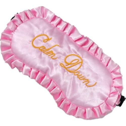Women Imitation Silk Sleeping Eye Mask Ruffles Trim Letters Embroidery Blindfold E65F