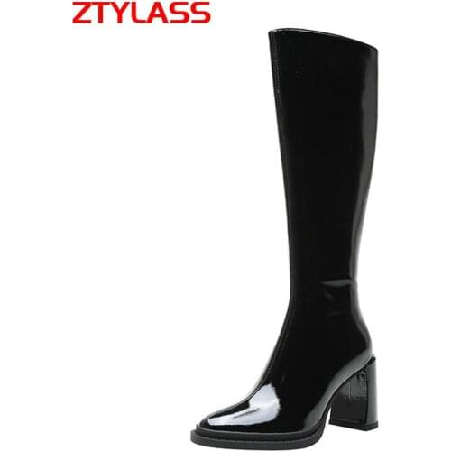 2021 Autumn Winter Knight boots Women Zipper Knee High Boots Patent Leather Sqaure High Heel Pointed Toe Womens Shoes Plus Size
