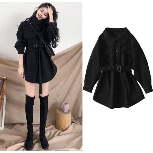 Women black Elegant Winter wool Overcoat Long Bandage Woolen Coat Slim fit outerwear with pocket turn down collar