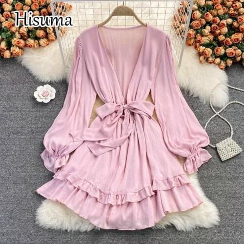2021 autumn new womens deep V-neck lantern sleeve ruffles lace-up chiffon party dress female Chic elegant waist A-line dresses