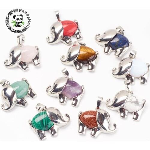 10pcs 22.5x27x8mm Natural/Synthetic Stone Elephant Pendants Charms with Brass Findings for DIY Jewelry Decoration Hole: 5x8mm