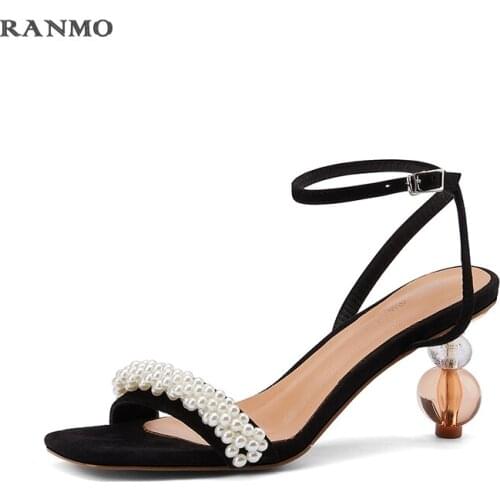 2021 Leather Summer Womens Sandals with Chic, Sexy Heels with Pearl Embellishment. Summer Womens Party Sandals Women Sandals