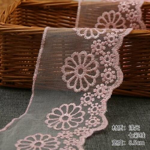 30Yards Exquisite Pink Embroidered Flower Lace Fabric Sewing Tulle 8.5cm Wide Trim Wedding Dress DIY Garment Accessories Craft