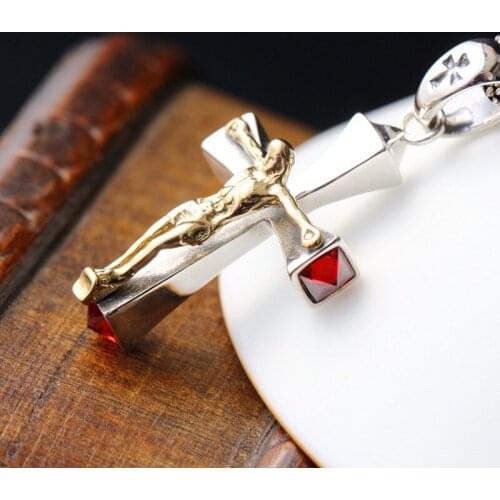 925 pure silver Thai Silver Jesus Cross Pendant Vintage Red Zircon Silver Pendant