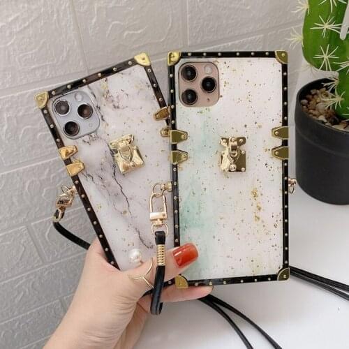 Luxury Marble Texture Lanyard Phone Case For iPhone 12 Pro Max 11 XS Max XR X 6 7 8 Plus Granite Stone Pattern Square Soft Cover