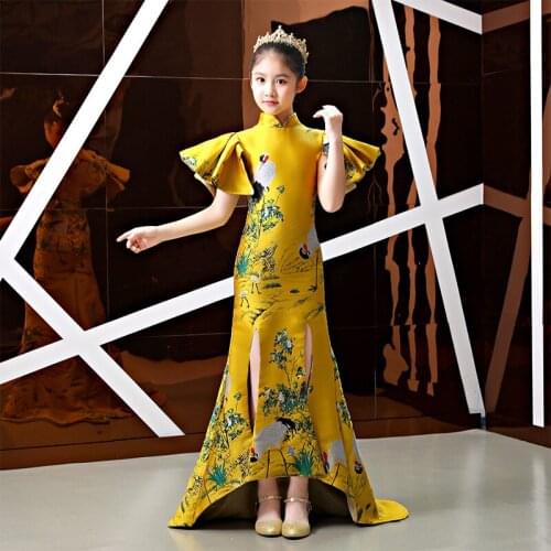 Children Chinese Style Dress Gold Satin Baby Girl Mermaid Evening Dresses Elegant Costume Kids Backless Wedding Stage Clothing