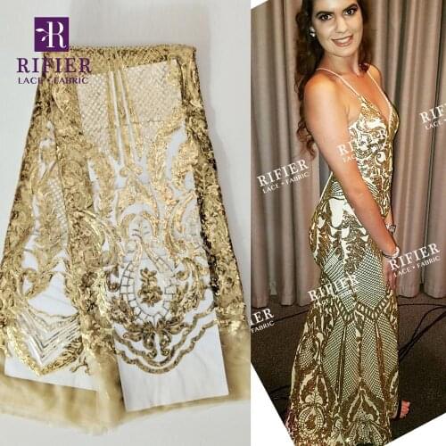 Beautiful Gold Color African Nigerian Net Lace Fabric With Sequins Indian Guinea Noble Women Dress Sewing Sequined Net Material