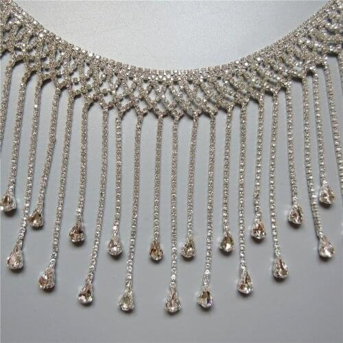 1 Yard Silver Rhinestones Tassel Trim Water Drop Fringe Crystal Metal Chain For Dress Bag Shoes Accessories 11.5cm Width