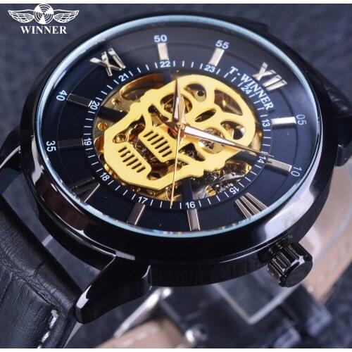 Winner Steampunk 2017 Skull Design Golden Skeleton Dial Genuine Leather Men Skeleton Wristwatch Top Brand Luxury Automatic Clock