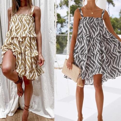 Casual Halter Sleeveless Beach Dress Women 2021 Summer Leaf Print Sling Dress Loose Ruffle Hem Party Mini Dress Vestido Sundress