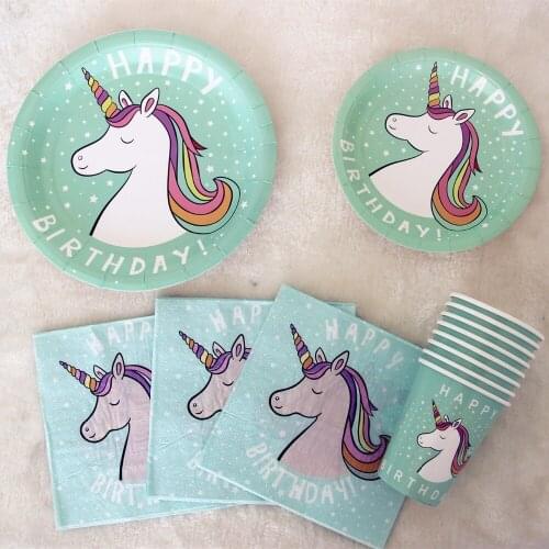 Unicorn Birthday Party Supplies Disposable Tableware Sets Green Paper Plate Cups Napkins For Baby Shower Baptism Decor