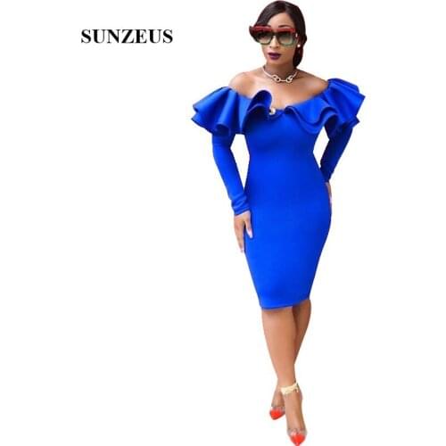Sheath Off Shoulder Long Sleeves Prom Dress With Ruffles Knee Length Royal Blue Party Gowns Women Formal Dresses Gala Robe