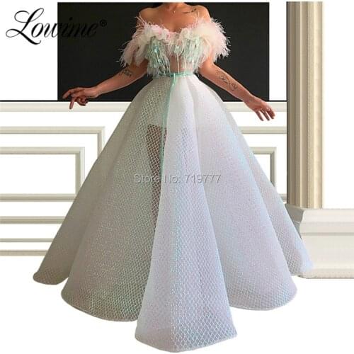 Feather Prom Dresses Illusion Sexy Party Gown 2019 Pageant Dress For Women Abendkleider Sequin Middle East Evening Dress